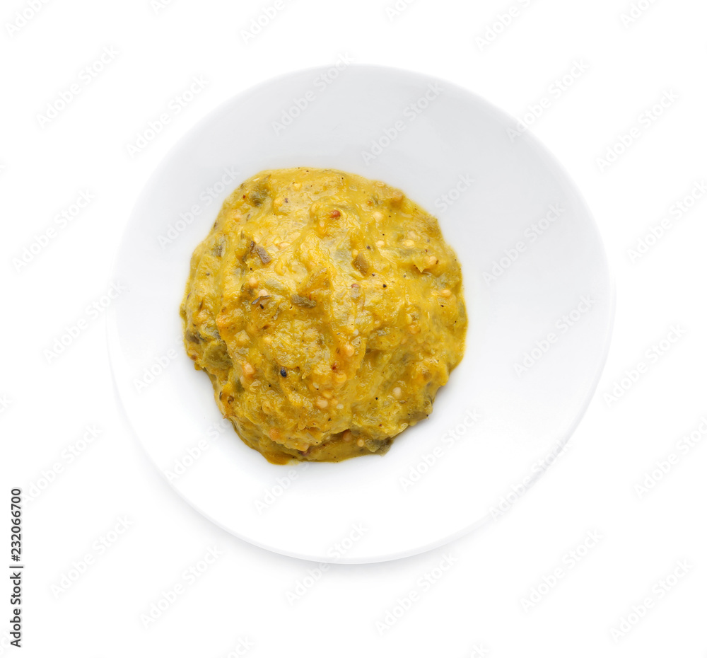 Plate with tasty sauce on white background Plate with tasty sauce on white background