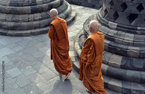 Obraz na plátně Monks walking around the stupa of Borobodur a 9th century Buddhist Temple in Mag