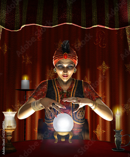 Mystic female Gypsy fortune teller with a lighted crystal ball