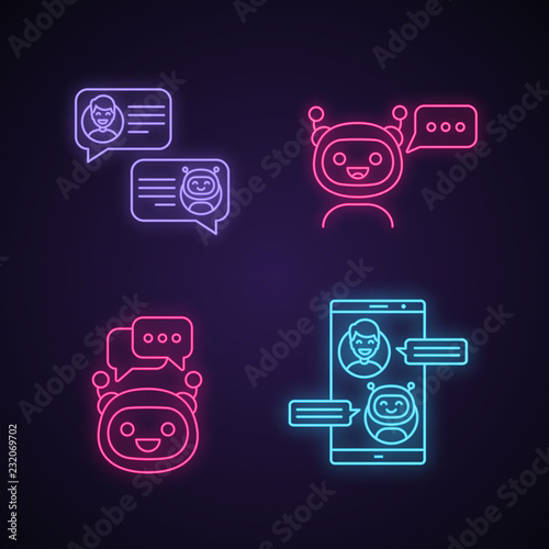 Chatbots neon light icons set.