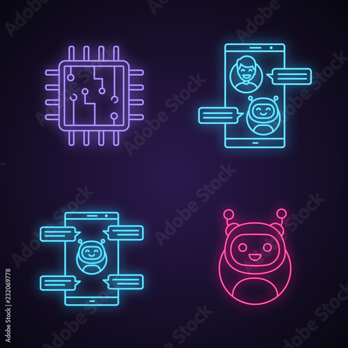 Chatbots neon light icons set