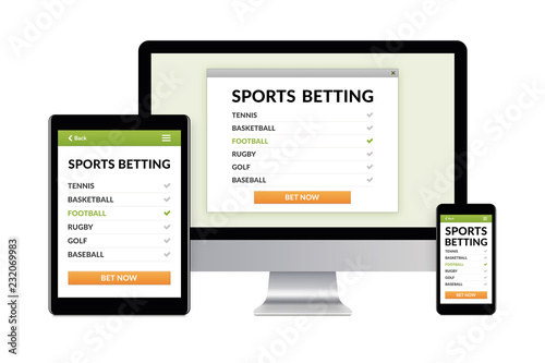 Desktop computer, tablet and smartphone isolated on white with sports betting concept on screen. Digital generated devices.