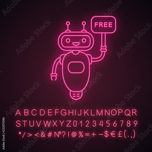 Chatbot with free in speech bubble neon light icon