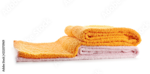Color terry towels on white background