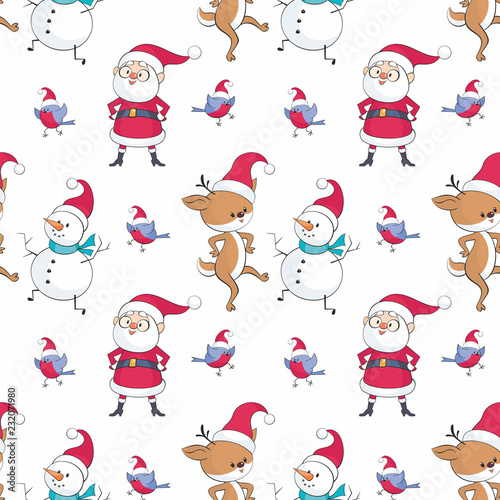 Christmas seamless pattern with Santa Claus, snowman, cute deer and birds. Childhood vector background in cartoon style.