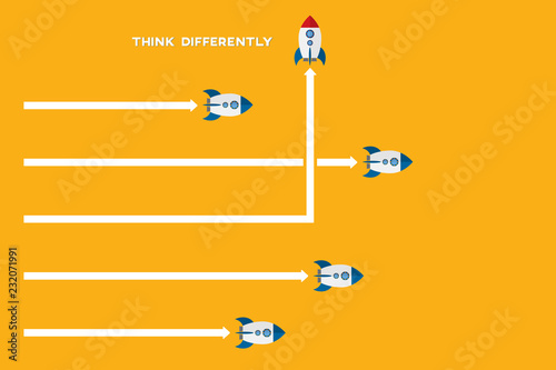 Think different. Think differently concept. Red airplane changing direction. New idea, change, trend, courage, creative solution, innovation and unique way concept. 