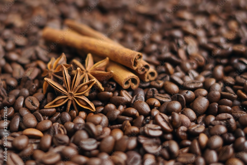 Fototapeta Coffee beans, star anise and cinnamon sticks. Selective focus