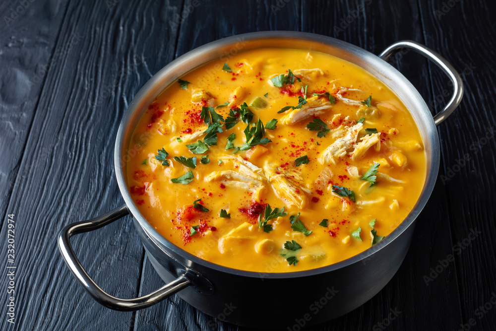pumpkin chicken breast soup, top view pumpkin chicken breast soup, top view