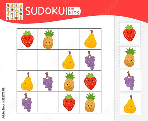 Sudoku game for children with pictures. Kids activity sheet. Cartoon fruits.
