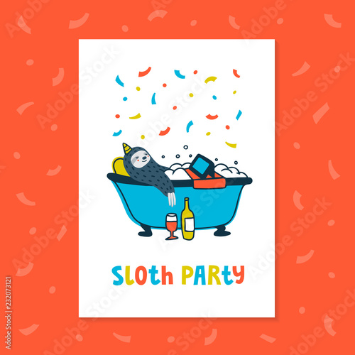 Animal party. Lazy sloth party. Cute sloth relaxing in the bathroom with wine...