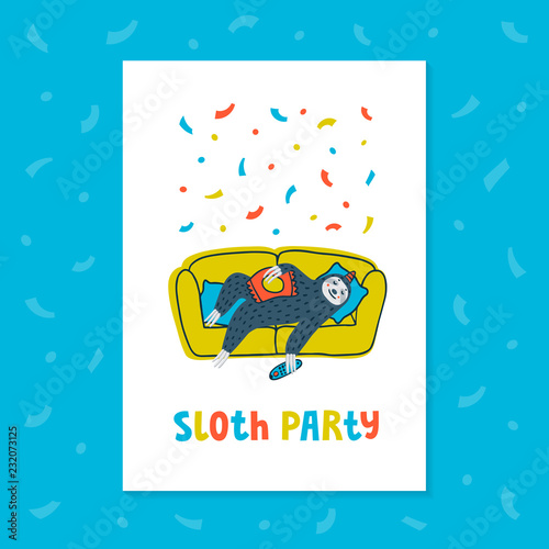 Animal party. Lazy sloth party. Cute sloth lying on the couch with TV remote. Vector illustration.