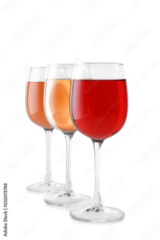 Glasses of different wine on white background Glasses of different wine on white background