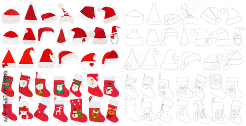 vector, isolated, set of red socks for gifts and Santa Claus hats