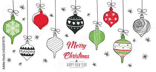 Merry Christmas greeting card red and green with modern baubles. Vector illustration. 