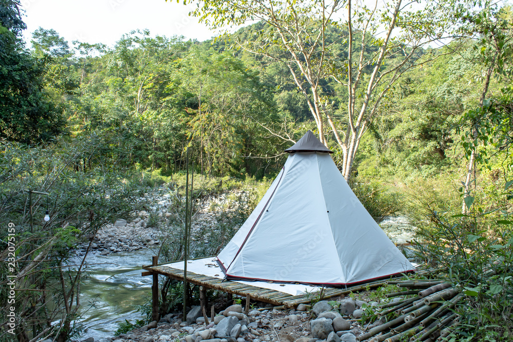 Tent on bamboo along the stream at Wang Nan Pua , Nan in Thailand.