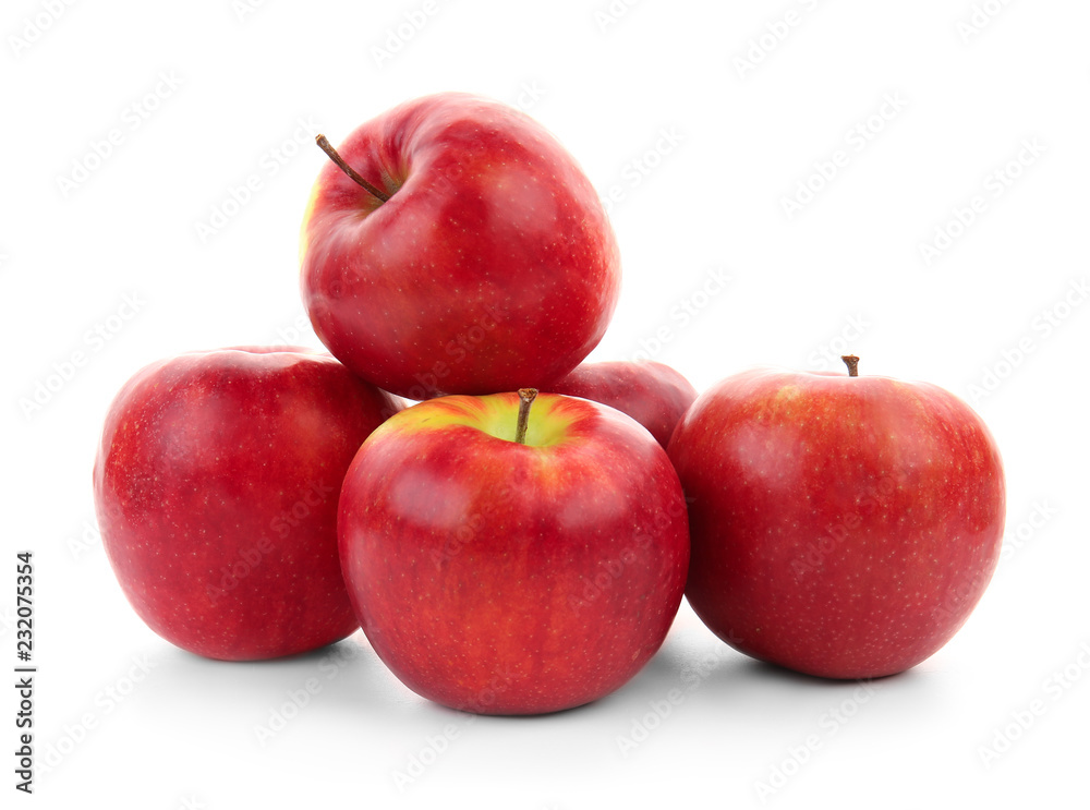 Ripe tasty apples on white background
