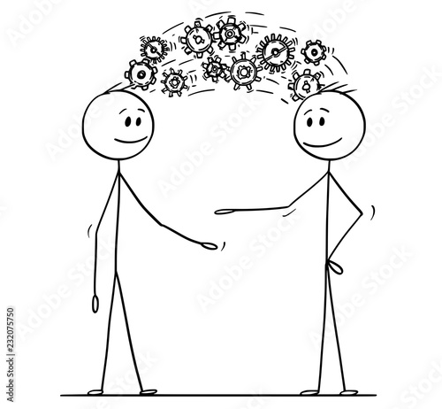 Cartoon stick drawing conceptual illustration of two men or businessmen sharing knowledge displayed as cog wheels coming from head to head. Business concept of inspiration and creativity.
