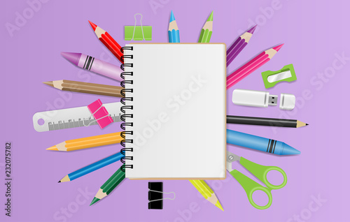 Blank notebook with school supplies on purple background. Vector illustration