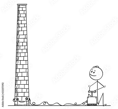 Cartoon stick drawing conceptual illustration of man or businessman with detonator who is going to demolish old smokestack or factory with explosives.