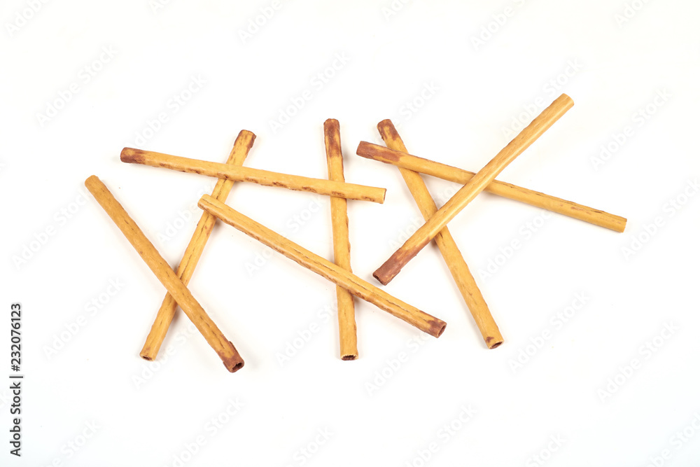 biscuit sticks with sweet filling on white background. biscuit sticks with sweet filling on white background.