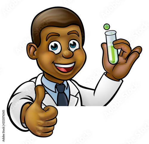 A cartoon scientist professor wearing lab white coat peeking above sign with a test tube and giving a thumbs up