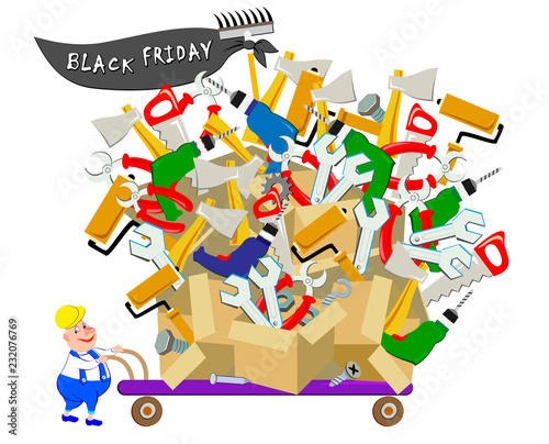 Black Friday week sale. Fantasy abstract background for poster of crafts shop. Illustration of satisfied worker buying a lot of different tools for his job. Vector image.