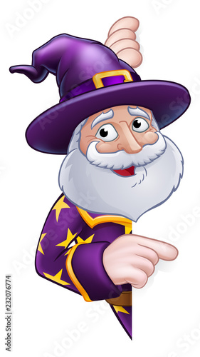 A wizard merlin magician Halloween cartoon character pointing around a sign