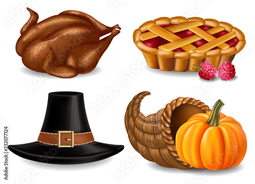 Thanksgiving set Vector realistic. Turkey, pie and hat 3d detailed illustrations