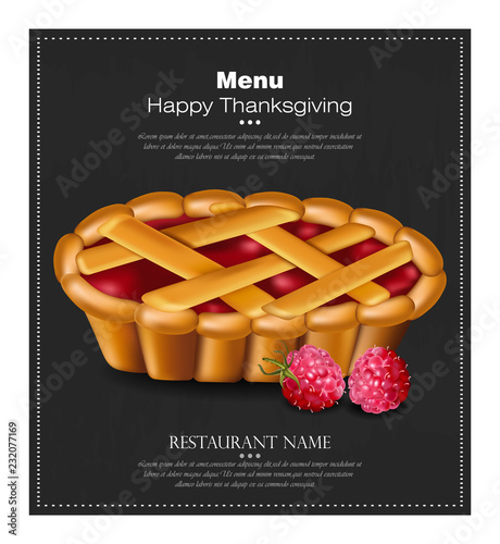 Happy thanksgiving pie card Vector. 3d detailed raspberry dessert illustrations