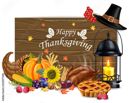 Happy thanksgiving card Vector. Hat, candle, turkey and fruits. 3d detailed s...