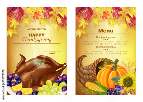 Happy thanksgiving menu coupons Vector realistic. Turkey, pumpkin, and fruits...