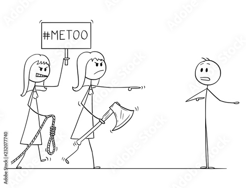 Cartoon stick drawing conceptual illustration of two woman with me too or metoo sign going to lynch and execute man without trial. Concept of injustice and criminalization by social media.
