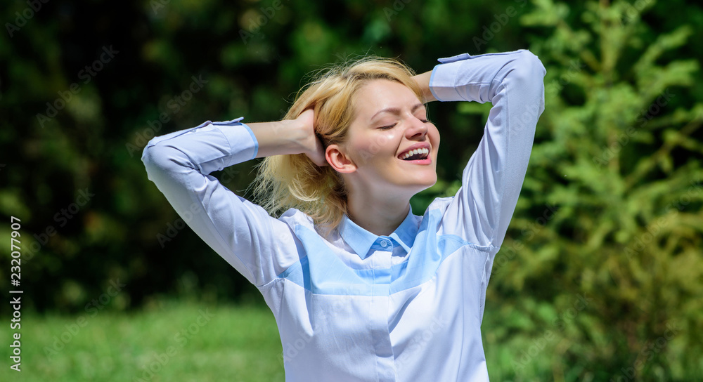 Every day meditation. Reasons you should meditate every day. Clear your mind. Find minute to relax. Girl meditate green grass nature background. Pleasant relax. Woman relaxing practicing meditation Every day meditation. Reasons you should meditate every day. Clear your mind. Find minute to relax. Girl meditate green grass nature background. Pleasant relax. Woman relaxing practicing meditation