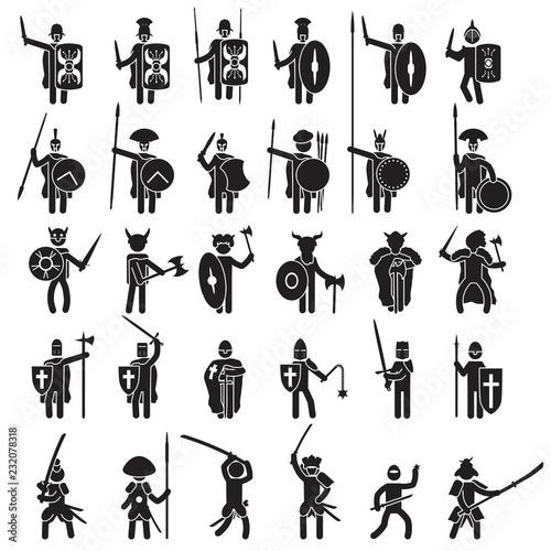 Warriors icon set. Romans, Greek warriors, Vikings, Barbarians, Japanese warriors samurai, medieval Knights. Vector.