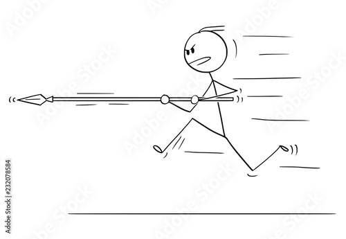 Cartoon stick drawing conceptual illustration of man or businessman running,charging or attacking with spear.