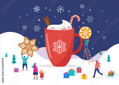 Merry Christmas, winter scene with a big cocoa mug and small people, young men and women, families having fun in snow, skiing, snowboarding, sledding, ice skating