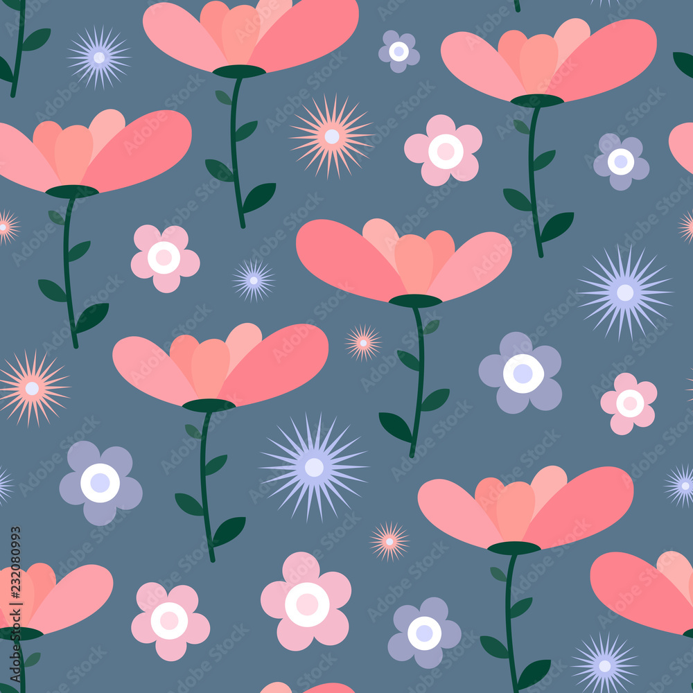 Seamless doodle floral pattern in pink and blue. 