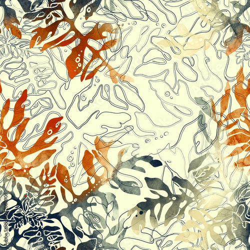 imprints abstract plant with many leaves mix repeat seamless pattern. digital hand drawn picture with watercolour
