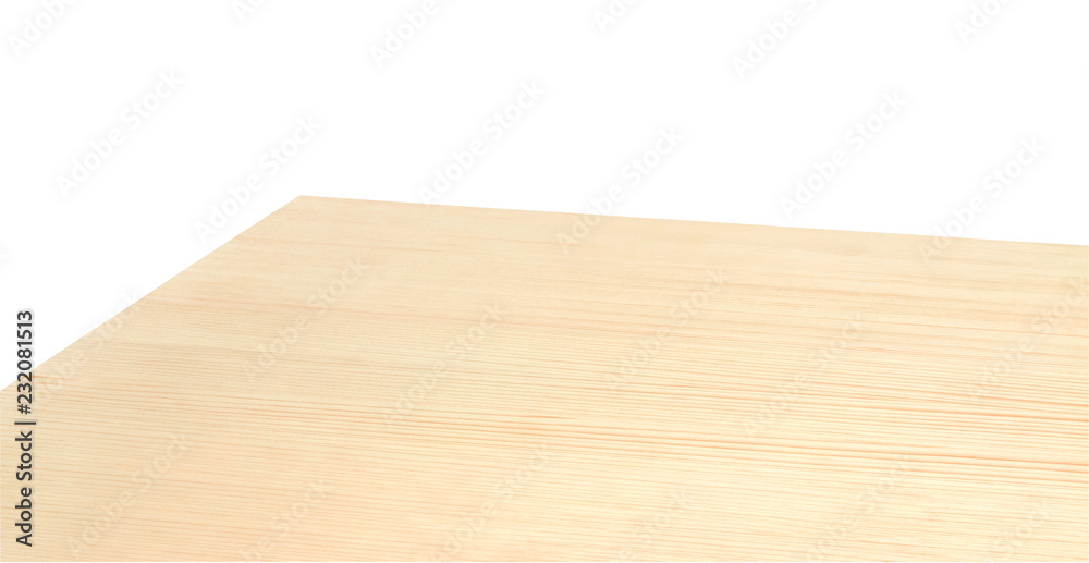 Perspective view of wood or wooden table corner on white background including clipping path