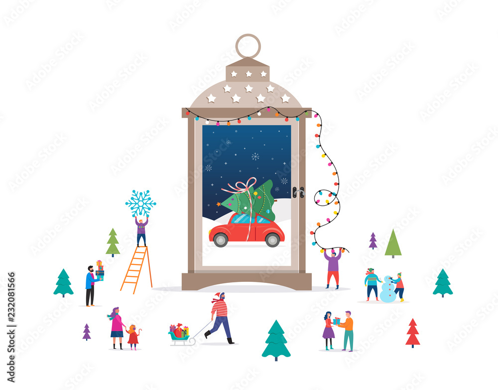 Merry Christmas, Winter wonderland scene in a snow globe, candle lantern, and small people, young men and women, families having fun in snow Merry Christmas, Winter wonderland scene in a snow globe, candle lantern, and small people, young men and women, families having fun in snow