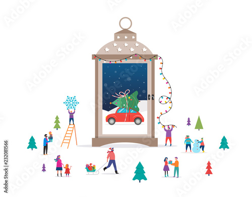 Merry Christmas, Winter wonderland scene in a snow globe, candle lantern, and small people, young men and women, families having fun in snow
