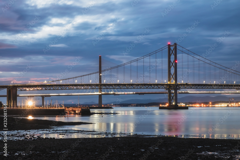 Fototapeta premium Night view on two bridges, Forth Road Bridge and Queensferry Crossing