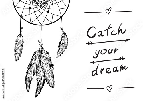 Dreamcatcher with feathers. Native American Indian talisman. Vector hand drawn hipster illustration, Boho design, tattoo art, poster.