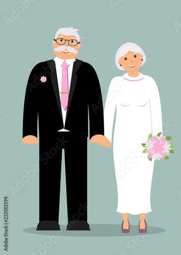 Happy retirees: smiling, holding hands smart elderly man and woman with a cute delicate bouquet of white and pink flowers in full growth on a blue background on a wedding. Vector illustration