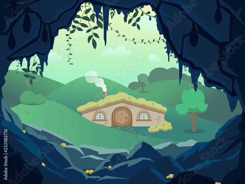 Fantasy landscape with gnome house between the forest hills and gold dark cave , Vector hand draw illustration