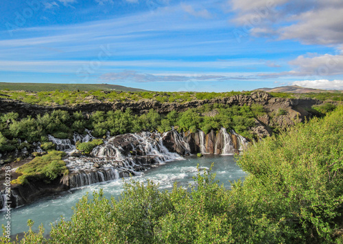 Lava falls Hraunfossar run as tiny waterfalls and rapids into the Hvita River  Borgarfjordur  West Iceland  Europe