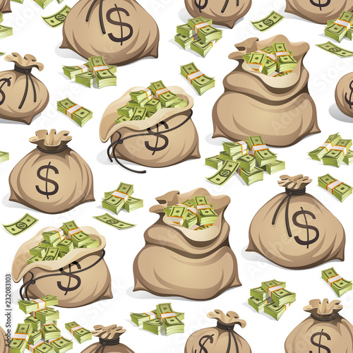Seamless pattern with bags of money. Packing in bundles of bank notes on white background.