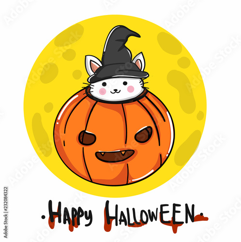 happy halloween card with witch and pumpkin