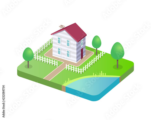 Modern House 3D Vector Isolated, Cottage Building
