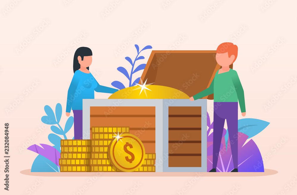 People stand near big treasure chest. Man and woman stare at golden coins. Rich, wealth. Flat design vector illustration